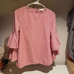 BeachLunchLounge Blouse Red & White Striped, 100% Cotton, Ruffled Sleeves XS